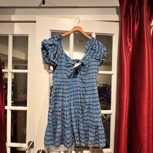 Trixxi Blue Check Plaid Mini Dress with Puff Sleeves